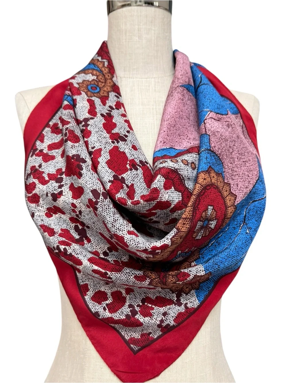 Lanvin Paris 100% Silk Italy Abstract Paisley Print Square Scarf Red Blue 30x29